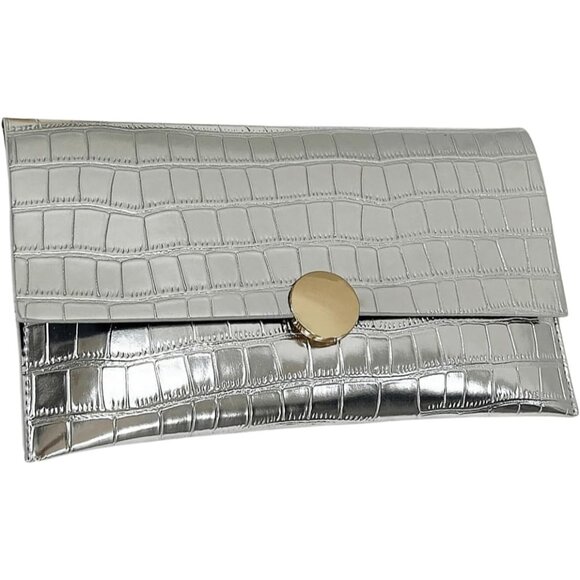 Women's Silver Metallic Crocodile Style Envelope Clutch Bag, Evening Formal Wedd - Picture 1 of 7